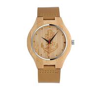 Unendlich U-Reloj de Madera de Bambú para Mujer y Hombre Reloj de Cuarzo con la Correa de Cuero Genuino Diseño Ancla