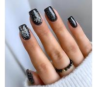 Unghie Fate Corte mouyouglow, Carré nero bling fiocco di Neve Natale Press on NAILS con colla, inverno navideño manicura negra