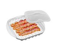 Ungtyb Cocina de tocino para microondas, utensilios de cocina no pegajosos de alimenticio, estante para tocino para microondas con tapa, para carne, salchichas, pizza, perros calientes, tacos
