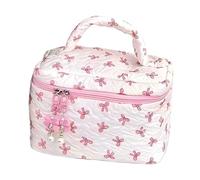 Ungtyb Floral Quilted Pouch, Aesthetic Bow Cosmetic Case, Makeup Organizer, Reusable Storage Holder Durable Toiletry Bag for Travel, Home, Daily Use, 8.86x5.91x5.91 Inchesd