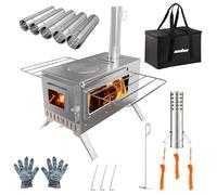 UNHO Estufa de Leña Portátil para Tienda de Campaña: Estufa Plegable con Chimenea, 7 Tubos de Acero Inoxidable, 2 Ventanas de Vidrio Resistente al Fuego, para Cocinar y Calentar Al Aire Libre