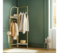 unho Perchero de Pie Plegable Entrada Recibidor: Perchero Ropa de Esquinero de Metal Dorado con Estante para Dormitorio Pasillo Oficina 175x44 cm