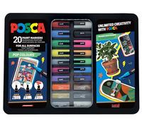 Uni-Ball 186832 - Juego de rotuladores POSCA, 20 rotuladores acrílicos en estuche, juego de rotuladores Pop Colours, punta PWE5M 1.8-2.5 mm