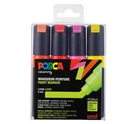 Uni-Ball POSCA - Rotuladores Punta en cuña, Colores neón, Juego de 4 | Rotulador fluorescente con punta ancha en forma de cuña para carteles, rotulaciones y diseños creativos