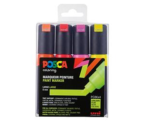 Uni-Ball POSCA - Rotuladores Punta en cuña, Colores neón, Juego de 4 | Rotulador fluorescente con punta ancha en forma de cuña para carteles, rotulaciones y diseños creativos