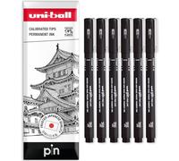 Uni Pin Fineliner - Rotuladores de dibujo, punta de cincel, tinta negra, punta de 1,0 mm, paquete de 6 unidades, en paquete de regalo