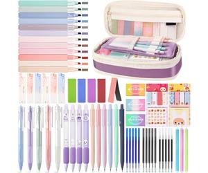 UNIANE 62 accesorios escolares con estuche, 12 subrayadores pastel, 5 bolígrafos de gel, 6 portaminas, 4 lápices borrables, Aesthetic Stuff Clean Girl, Back to School