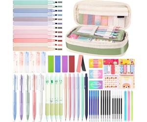 UNIANE 62 accesorios escolares con estuche, 12 subrayadores pastel, 5 bolígrafos de gel, 6 portaminas, 4 lápices borrables, Aesthetic Stuff Clean Girl, Back to School