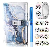UNIANE Diario con candado para niñas, diario A5 con código, cuaderno con bolígrafo y divertido juego de pegatinas, cuaderno de piel sintética (azul oscuro)