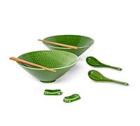 UNICASA Tazón de cerámica japonesa para ramen, 2 piezas 1100 ml cuencos para pasta cuencos para sopa cuencos para ensalada con cuchara y palillos, verde oscuro