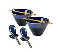 UNICASA Tazones de Consomé, Cuenco Cerámica para Regalo Creativo, Cuencos de Ramen Retro Con Palillos y Cucharas, Apto para Microondas - 2 x 600 mL - Azul