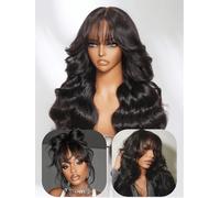UNICE Bye Bye Knots - Peluca de cabello humano prearrancado con flequillo y ondas sueltas de encaje de 7 x 5 pulgadas, sin pegamento, prearrancada, nudos blanqueados, para poner y usar, color negro