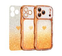Unichthy Funda para iPhone 17 Pro Max Love Heart Cover con gemas brillantes, marco ondulado rizado con inserto extraíble de purpurina, compatible con MagSafe Girly a prueba de golpes, color naranja