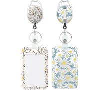 Uniclife 2 PCS Porta Tarjetas Deslizante Floral Funda de Plástico Floral Blanco con Clip de Mosquetón Retráctil y Correa de Cordón Desmontable Protector de Tarjetas Vertical Duro, Blanco & Azul