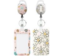 Uniclife 2 PCS Porta Tarjetas Deslizante Floral Funda de Plástico Floral Blanco con Clip de Mosquetón Retráctil y Correa de Cordón Desmontable Protector de Tarjetas Vertical Duro, Blanco & Rosa