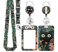 Uniclife Porta Credenciales Deslizante de Moda con Estampado Gato en la Hierba Porta Tarjetas Plástico Carrete Retráctil, Mosquetón y Cordón Desmontable Protector Tarjetas Vertical Empleados Oficina