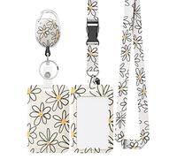 Uniclife Porta Tarjetas Deslizante Floral Funda de Plástico Floral Blanco con Clip de Mosquetón Retráctil y Correa de Cordón Desmontable Protector de Tarjetas Vertical Duro para Oficina Escuela