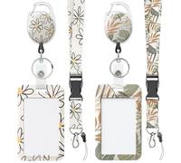 Uniclife Porta Tarjetas Deslizante Floral Funda Plástico Floral Clip de Mosquetón Retráctil Correa Cordón Desmontable Protector de Tarjetas Vertical Duro para Oficina Escuela Flor Blanca & Hojas, 2 Ud