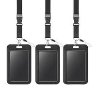 Uniclife Porta Tarjetas Deslizante Funda Protectora Vertical de Plástico Negro con Correa de Cordón Hebilla Metálica y Clip para Oficina Escuela Credencial de Crédito Llave de Proximidad, 3 Unidades