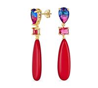 Único Geométrico Lineal Rojo Turquesa Alargada Plana Lágrima Rectángulo Multi Forma Arco Iris Rosa Cz & 3 Fiesta De Piedras Preciosas Naturales Colgando Pendientes Para Mujeres En Plata Plateada