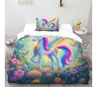 Unicorn Flores Funda De Edredón 3 Piezas 3D Impresa Aesthetic Pastoral Mythical Creature con 2 Fundas De Almohada Single（135x200cm） Microfibra Juego De Cama para para Niñosy Hombres