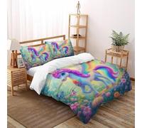Unicorn Flores Funda De Edredón 3 Piezas 3D Impresa Aesthetic Pastoral Mythical Creature con 2 Fundas De Almohada Super King（260x220cm） 100% Microfibra Ropa De Cama para Niñosy Hombres