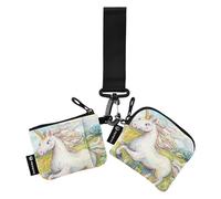 Unicorn in Meadow - Monedero doble para tarjetas de crédito, organizador de dinero delgado y plano para mujer con correa de muñeca para mujeres y hombres, 2 piezas, Varios colores, 4.13"(L) x 3.5"(W