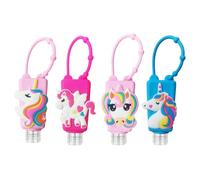 Unicorn Kids - Botella de viaje vacía para niños, 4 soportes para desinfectante de manos con funda de silicona, recipientes de viaje recargables a prueba de fugas, para jabón líquido y loción, uso