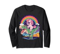 Unicorn Riding T Rex Dinosaur Rainbow Fantasy Cartoon Humor Manga Larga