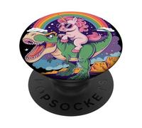 Unicorn Riding T Rex Dinosaur Rainbow Fantasy Cartoon Humor PopSockets PopGrip Adhesivo