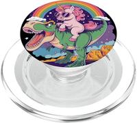 Unicorn Riding T Rex Dinosaur Rainbow Fantasy Cartoon Humor PopSockets PopGrip para MagSafe