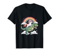 Unicorn Riding T Rex Rainbow Clouds Cute Dinosaur Camiseta