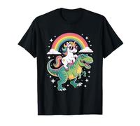 Unicorn Riding T Rex Rainbow Dinosaur with Stars Camiseta
