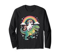 Unicorn Riding T Rex Rainbow Dinosaur with Stars Manga Larga