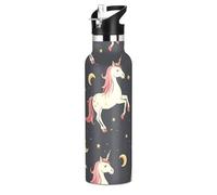 Unicorn Star Moon - Botella de agua de acero inoxidable con tapa con pajilla, botella aislada para niños y niñas, deportes, 20 onzas líquidas