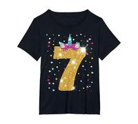 Unicornio 7 cumpleaños niña de Siete años Camiseta, Mujer Tallas Grandes, Negro, 1XL Grande