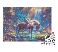 Unicornio Alado Fantasía Rompecabezas 1000 Piezas Adultos Unicornio Alado Bosque Cascada Flores Premium Grueso Resistente Vibrante Desafiante Difícil Alivio Estrés 52x38cm/1000pcs