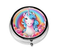 Unicornio arcoíris. Este pequeño pastillero redondo impreso es un organizador portátil de píldoras y vitaminas, perfecto para bolsillos, bolsos y viajes.