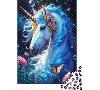 Unicornio Azul Fantasía Puzzle de 1000 Piezas Papel para Adultos Flores Mágicas Mariposa Nocturna Familia Relajación Decoración 52x38cm/1000pcs