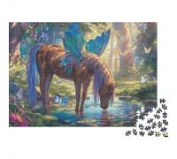 Unicornio Bebiendo Fantasía Rompecabezas 1000 Piezas Adultos Unicornio Alado Bosque Río Mariposas Difícil Premium Grueso Resistente Vibrante Alivio Estrés Decoración Familiar 52x38cm/1000pcs