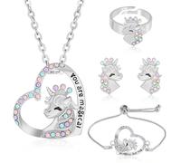 Unicornio Conjunto de Joyas para Niñas,4 Pcs Conjuntos de Joyas de Unicornio,Collares de Unicornio para Niña, Juego de Joyas de Unicornio Incluyen Collares, Anillos, Pulseras, Pendientes (Plata)