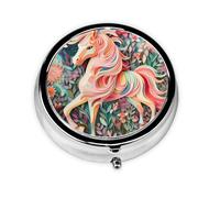 Unicornio de corte de papel rosa. Este pequeño pastillero redondo impreso es un organizador portátil de pastillas y vitaminas perfecto para bolsillos, bolsos y viajes.