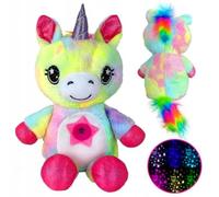 Unicornio de felpa con proyector de estrellas LED y melodías - mascota para dormir luminosa para niños, luz nocturna con canciones de cuna, peluche calmante 3 en 1, 25 cm