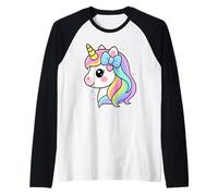 Unicornio Kawaii con Arco Iris Melena Brilla Lindo Dibujos Animados Camiseta Manga Raglan