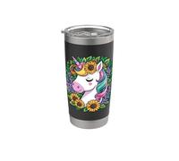 Unicornio kawaii con girasoles y lilas. Vaso térmico de acero inoxidable de doble pared