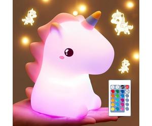 Unicornio Luz Nocturna Infantil, 16 Color+5 Brillo+Control Remoto Lampara Bebe Noche, Silicona +1200mAh Luz Roja Bebe, Lampara Recargable Luz Quitamiedos Infantil,Unicornios para Niñas Regalos Navidad