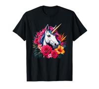 Unicornio mágico con Rosas Flores Tropicales Camiseta