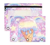 Unicornio, panda gato gatito, 3 anillas, para niños, niñas, escuela, oficina, universidad, helado, gofre, cono, estuche con ventana transparente y cremallera, paquete de 2