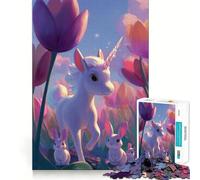 Unicornio y conejitos en un Campo de Tulipanes Rompecabezas de 1000 Piezas para Adolescentes Juego de concentración Mental Corte de precisión Bordes Lisos Juego Ideal para Rellenar Calcetines