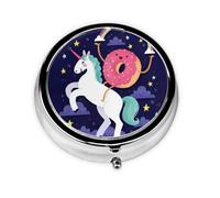 Unicorns Doughnut Rainbow Este pequeño pastillero redondo de viaje de tres compartimentos es perfecto para almacenar medicamentos diarios, vitaminas y sobre la marcha.